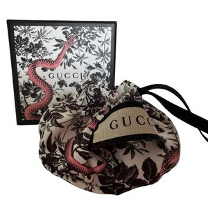 Gucci Designer Black White Pink Snake Motif Jewelry Box and Drawstring Pouch